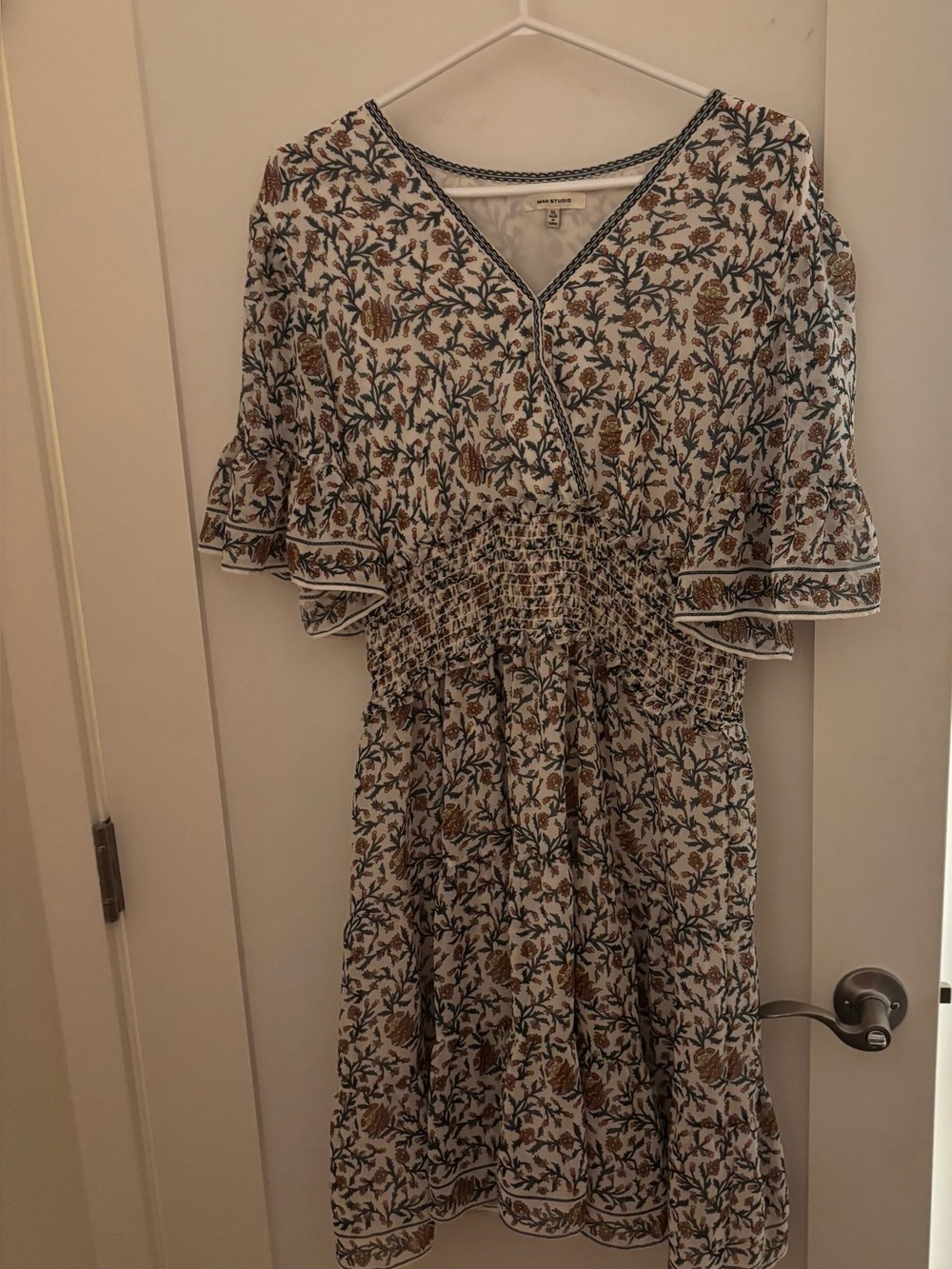 Max Studio White Midi Dress with Blue & Brown Floral